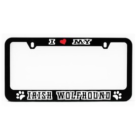 License Plate Frame, Irish Wolfhound Car Black Plate Holder, Tag Cover, I Love (Heart) My Irish Wolfhound Auto Plate Frame for Puppy Dog Lovers, Pet Parents, Fur Baby, Car Accessory