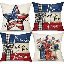 DFXSZ 4th of July Pillow Covers 18 x18 inch Set of 4 Independence Day Decorative Vases American Flag StarsThrow Pillow Cover Cushion Cases for Home Couch Chair Living Room 200