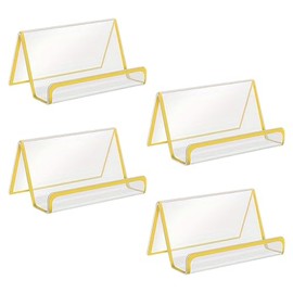 JIHUOO 4 Pack Acrylic Clear Business Card Holder Desk Plastic Horizontal Name Card Holder for Home Office Gold