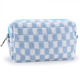ZLFSRQ Checkered Makeup Bag for Women Small Travel Cosmetic Bag Makeup Pouch for Purse Zippered Portable Toiletry Bag Organizer Cute Y2K Aesthetic Trendy Girls Travel Essentials Storage Case (Blue)