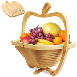 RoyalHouse Bamboo Foldable Fruit Bowl Apple Shape,12“x10.5"- Collapsible, Fruit & Vegetable Storage For Kitchen Countertop, Bamboo Fruit Basket, Tabletop Fruit Serving Bowl
