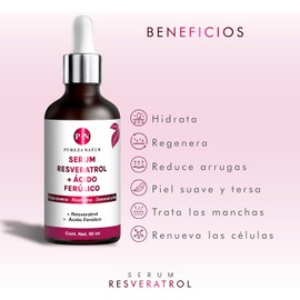 PUREZA NATUR Serum Resveratrol + Ácido Ferúlico facial Suero facial regenerador y antioxidante Rejuvenece, Reafirma, Desmancha 50ml