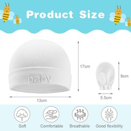 Aolso Newborn Baby Hats Mittens Set, 2pcs Baby Hats Caps & 2 Pairs Baby Mittens Gloves, Infant White Hats Baby Cotton Gloves No Scratch Mittens for 0-6 Months