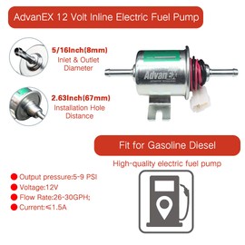 AdvanEX Electric Fuel Pump 12V Universal Low Pressure 5-9 PSI Gas Diesel Inline Metal Solid Petrol Compatible with Carburetor HEP-02A