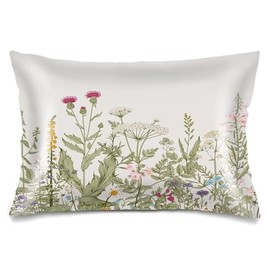 Silk Satin Pillowcase for Hair and Skin,Spring Floral Pillow Cover Queen Size Pillowcases with Envelope Closure,Wild Flower Plant Vintage Florals Herbs and Botanical Bed Cushion Covers,20"x30",Beige