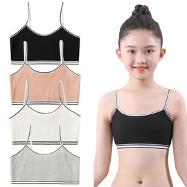 FedMois Pack of 4 Girls' Sports Bra Bustier Cotton, Grey, Black, White and Orange