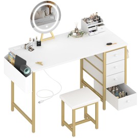 KAI-ROAD Gold Vanity Desk with Mirror and Light- Makeup Vanity Set Table with Chair, Storage, Lighted Mirror, 4 Large Fabric Drawers & Power Outlet, Dressing Table Vanities for Girls Bedroom