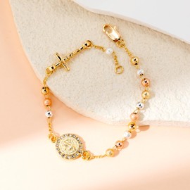 HELLOWIN Women Link Bracelets Gold Plated Crucifix Rosary Bead Rose Chain Guadalupe Bracelet (Gold-GUA-RB)