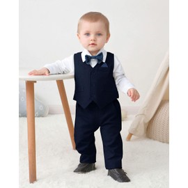 Amissz Baby Boy Clothes Outfit Suits, Infant Gentleman Long Sleeve Romper Jumpsuit+Pants+Bow Tie Formal Tuxedo Clothing Set for Boys (Dark Blue, 12-18 months)