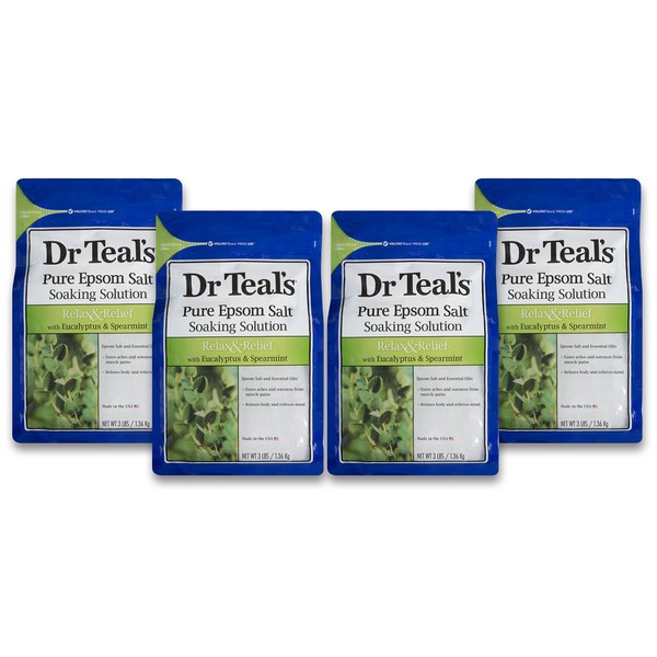 Dr Teal's Epsom Salt Soaking Solution, Relax & Relief, Eucalyptus and Spearmint, 4 Count - 3lb Bags, 12lbs Total