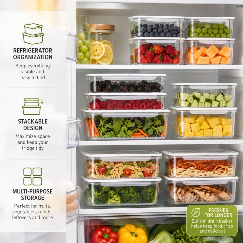 5-Piece Produce Storage Containers for Fridge – Stackable Food Keepers