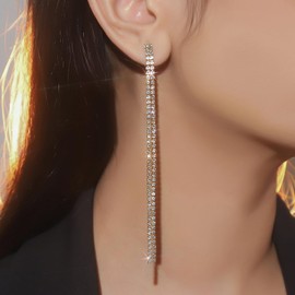 HUJUON Elegant Long Rhinestone Chain Earrings. Punk Double Strand Tassel Line Earrings Minimalism Crystal Drop Earrings for Women Wedding Jewelry (Gold)