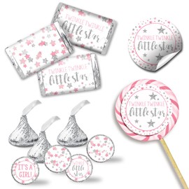 Pink & Silver Twinkle Little Star Girl Baby Shower Sticker Bundle Kit - 429 pieces!!! Includes 60 2" Circle Stickers for Favors & Goodie Bags, 45 Mini Candy Bar Wrappers & 324 Round Candy Kiss