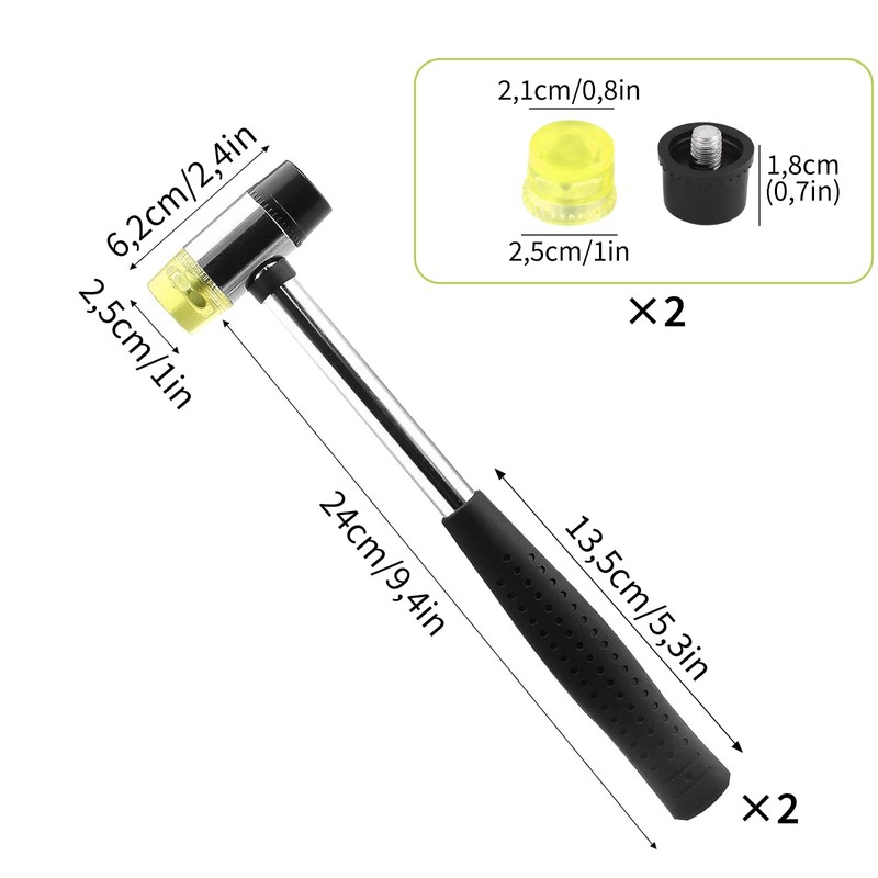 2 x Rubber Mallet, 25 mm Double Head Mallet, Soft