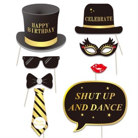 Konsait Happy Birthday Party Photo Booth Props with Stick or Her Him Funny Birthday Black and Gold Decorations, Happy Birthday Party Favors Supplies for kids Adults Men and Women(49Counts)