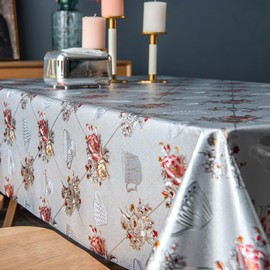 FAVE Silver Tablecloth Heavy Duty Vinyl Tablecloth with Peony 100% Waterproof Oil-Proof PVC Table Cloth Stain-Resistant Wipeable Table Cover for Indoor and Outdoor (Silver, 55X78 Inch)