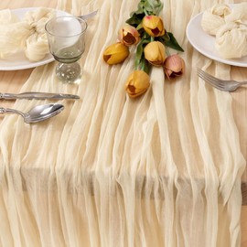 MLMC Cheesecloth Table Runner 10ft Beige Cream Gauze Rustic Cheese Cloth Table Runner 35x120 Inches for Baby Shower Bridal Shower Spring Home Decor