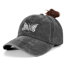HeyCaps Women's Baseball Cap with Butterfly Embroidery and Ponytail Hole – Breathable Sun Hat for Summer Outdoor Sports Black