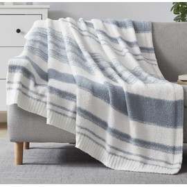 WRENGONGE Grey Blue Throw Blanket, 60x80 Soft Cozy Striped Throw Blankets for Couch, Sofa, Bed, Travel, Lightweight Fluffy Warm Plush Decorative Blankets for Women, Men,Kids Gift