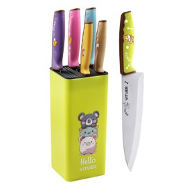 Knife Set, Vituer 7PCS Stainless Steel Kitchen Knife Block Set, Dishwasher Safe (Stylish Animal Characters)