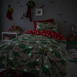 Happy Linen Company Girls Boys Kids Christmas Dinosaur Glow In The Dark Taupe Natural Toddler Cot Bed Reversible Duvet Cover Bedding Set