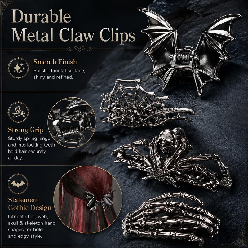 4PCS Gothic Hair Claw Clips, Spider Bat Skull Designs for