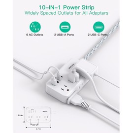 Flat Extension Cord, Flat Plug Power Bar with USB C - 6 Widely Outlets, 4 USB Charger(2 USB C Port), 5 Ft, No Surge Protector, Desk Charging Station, Office Supplies, Dorm Room Essentials