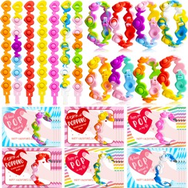 OOINQQ Valentines Day Cards Gift with Pop Bracelet for Kids Toddlers School Classroom - 24Pcs Heart Fidget Bracelets Pop Wristband Sensory Toys with Cards for Kids Valentines Day Party Favors