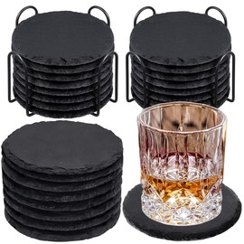 AYSUM 4 Inch Black Stone Coasters with Metal Holder, 24 Pieces Square Slate Drink Coasters Set with Metal Holder, Bulk Square Slate Coaster with Anti-Scratch Backing for Coffee, Kitchen, Office