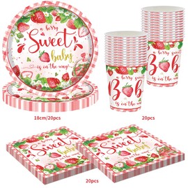 Strawberry Birthday Tableware, Strawberry Birthday Party Decorations, Strawberry Print Plates, Fruit Party Accessories, Strawberry Theme Plates, Suitable for 20 Guests, Pack of 60