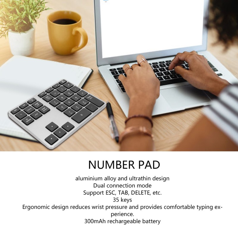 Wireless Number Pad 35 Keys Aluminum Alloy Ultrathin Rechargeable Ergonomic
