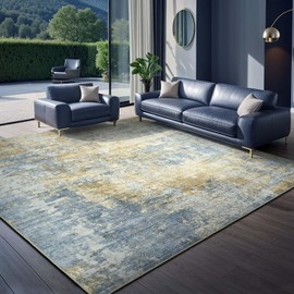 Area Rug Living Room Rugs - 8x10 Modern Abstract Large Soft Machine Washable Rug Stain Resistant Non-Slip Low Pile Accent Carpet for Indoor Bedroom Dining Room Home Studio Office - Blue/Grey/Gold
