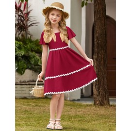 Arshiner Girl Red Dresses Ruffle Short Sleeve Tie Back Square Neck Girls Summer Beach Boho Casual Formal Valentine Dress Size 10-12