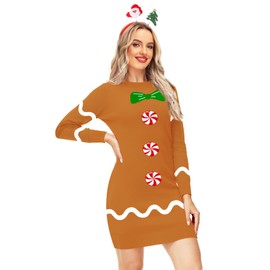 AOBUTE Women Gingerbread Costume Christmas Sweater Dresses Holiday Ugly Graphic Knit Pullover Dress S