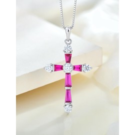 STARCHENIE Cross Necklace for Women 925 Sterling Silver Gemstone Crucifix Pendant July Birthstone Created Ruby Jewelry