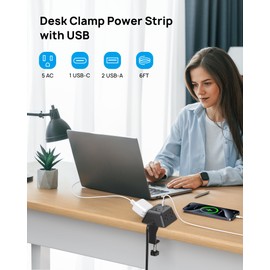 Desk Clamp Power Strip, Surge Protector with 5 AC Outlets and 3 USB Ports, Desk Mount Charging Station, Fit 1.97in Tabletop Edge Thick, 6FT Extension Cord, for Home Office Gaming Accessories