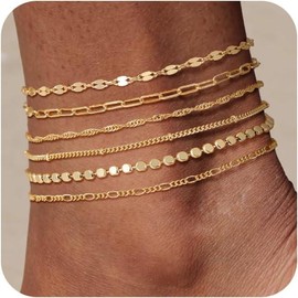 TEWIKY Waterproof Ankle 6PCS Bracelets Thiny Herringbone Box Paperclip Figaro Cuban Link Anklet Set Dainty Jewelry for Women Cute Summer Beach Jewelry For Mother's Day Gift:_6pcs set-A-SL