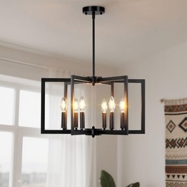 LUMLLSAJI 6-Light Modern Black Chandeliers for Dining Room, Geometric Metal Farmhouse Chandelier, Adjustable Pendant Light for Living Room, Kitchen, Foyer