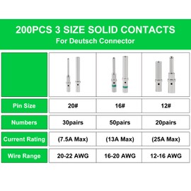 200PCS Deutsch Connector Pins and Sockets, Size 12 16 20 Male and Female Solid Terminals, Stainless Steel Solid Contacts for Deutsch DTP, DT, DTM Series Connectors, Wire Range 12-22AWG