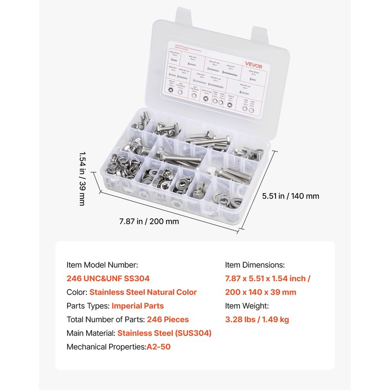 VEVOR 246 Pcs Bolts and Nuts Assortment Kit, Imperial Screws