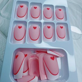 Valentine’s Day Press on Nails Medium Square French Tip Fake Nails Glossy Matte Pink Love Heart False Nails with Glue on Nails Reusable Acrylic Artificial Nails for Women DIY Nails Decoration 24Pcs