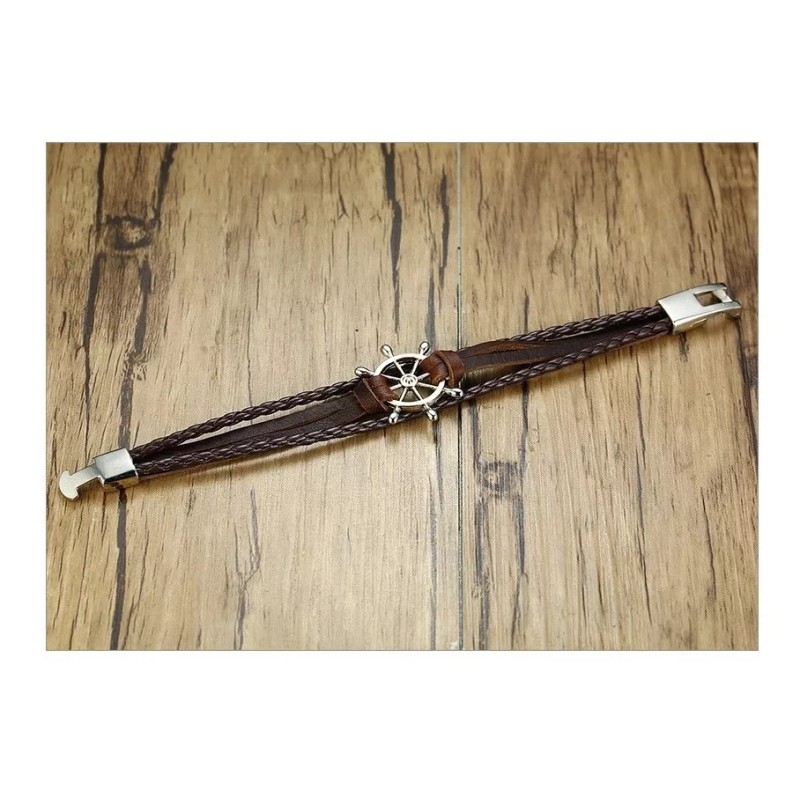 Jextech Pulsera De Timón De Acero Cuerda Cuero Genuino Vintage