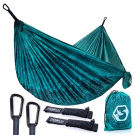 Foxelli Camping Hammock – Lightweight Parachute Nylon Portable Hammock with Tree Ropes and Carabiners, Perfect for Outdoors, Backpacking, Hiking, Camping, Travel, Beach, Backyard & Garden