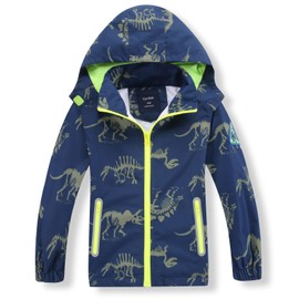 IjnUhb Boys Girls Rain Jacket,Kids Waterproof Hooded Raincoat,Lightweight Toddler Zip up Rain Coat,Navy Bones Dino 3years