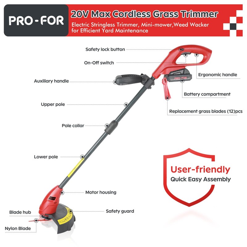 PRO-FOR 20V Cordless Grass Trimmer and Edger, 9.5" Stringless Weed