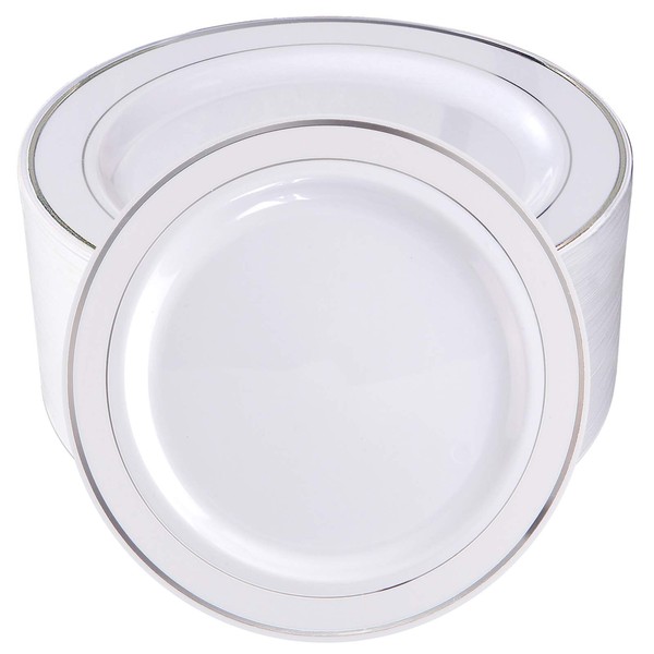 bUCLA 100Pieces Silver Plastic Plates-10.25inch Silver Rim Disposable Dinner Plates-Ideal for Weddings& Parties