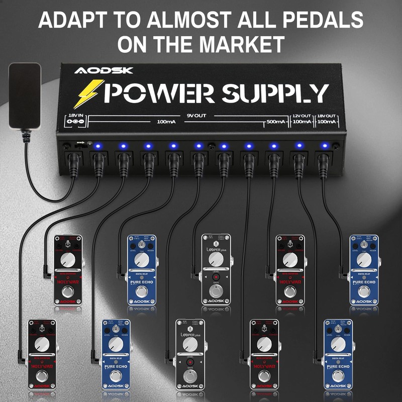 AODSK Guitar Effect Pedal Power Supply,9V/12V/18V DC Output,10 Isolated DC