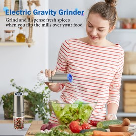 2Pcs Gravity Electric Salt and Pepper Grinder Set, Battery Powered LED Light One Hand Automatic Operation, Adjustable Coarseness Mill Grinders Shakers Stainless Steel, Kitchen Gadgets Gift Ideas