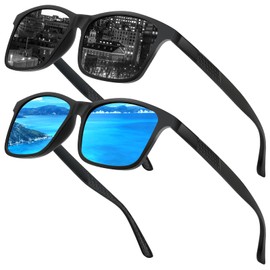 Chritice Men's Polarised Sunglasses, Pack of 2, Polarised Sunglasses, Men's Large UV 400 Protection, Driving, Travel, Outdoor Sunglasses, Black, Red, Blue Lenses, C Black+Blue