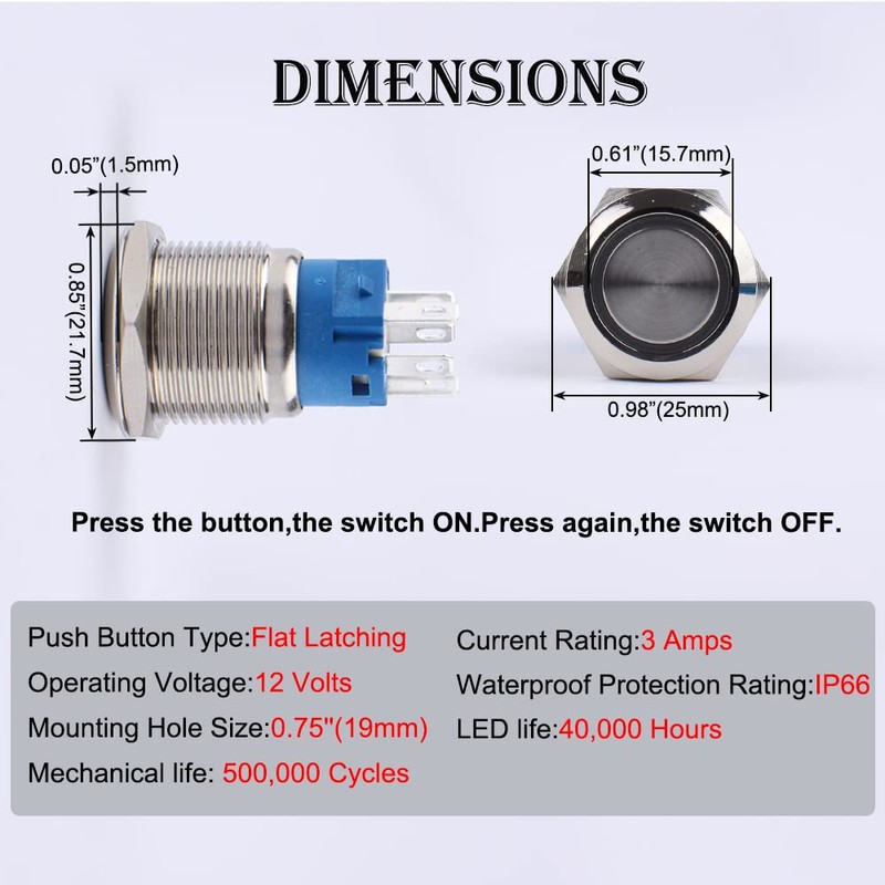 JIQI 2Pcs 19mm 0.75'' Latching Push Button Switch 12V-24V Waterproof